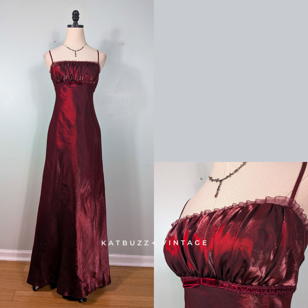 Vintage Prom Dress Maxi Gown 2 Red Babydoll 90s Y2K Princess Empire Rufffle Bow